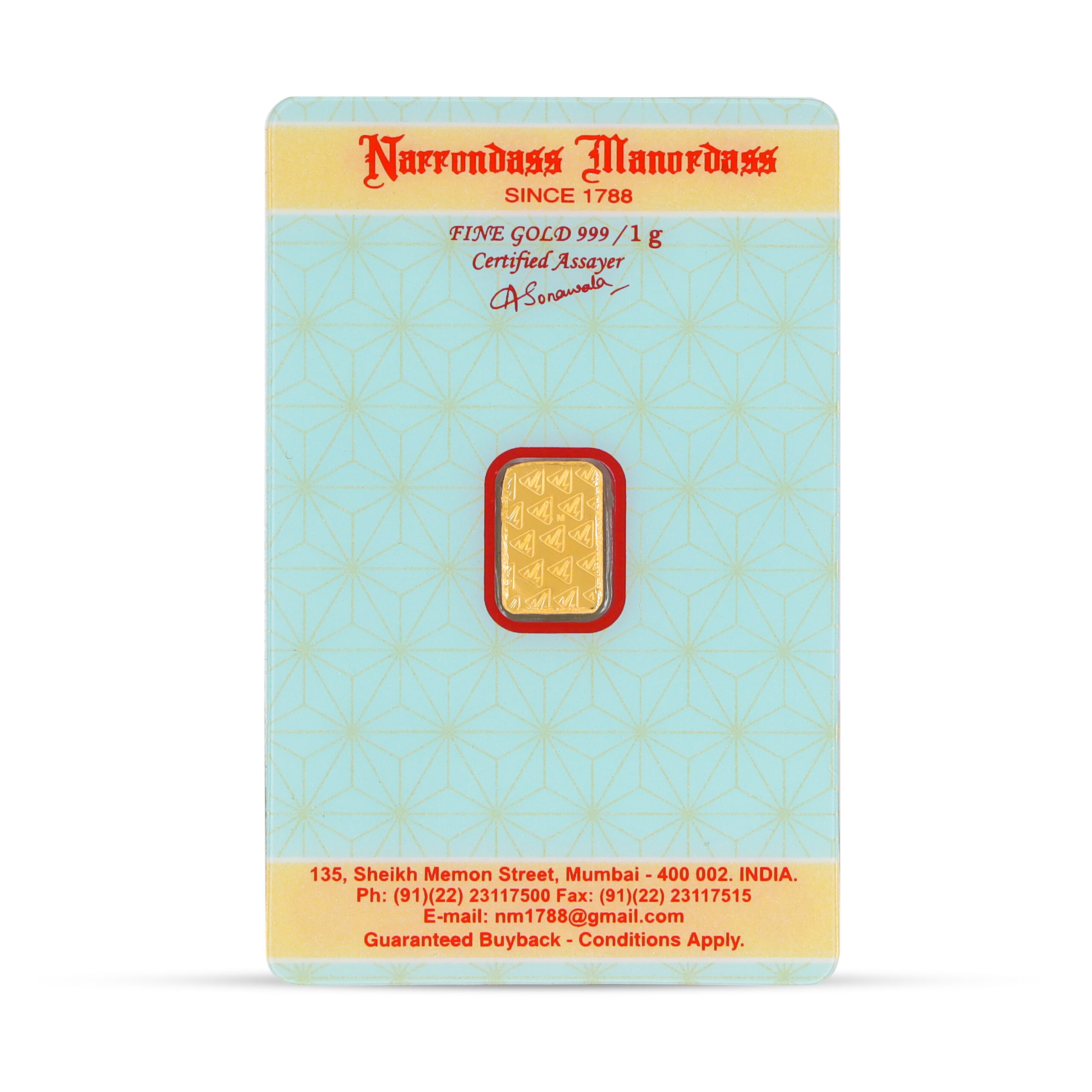 Narrondass Manorrdass 1 Gram Gold Bar 24KT 999.9 Purity - FKJGBR24K1000